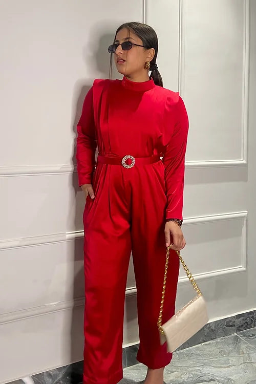 Red Power Satin Jumpsuit